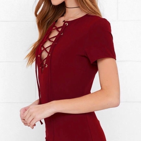 LULUS Burgundy Lace-up Short Sleeve Dress - Picture 2 of 6